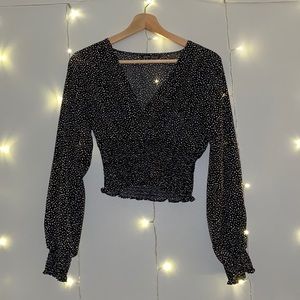 SHEIN Smocked Spotted Balloon-Sleeve Top